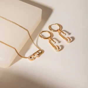 New Acier Inoxydable Bijoux 18K Gold Plated Hypoallergenic 316L Stainless Steel Zircon Pin Pendant Dainty Necklace Earring Set