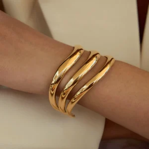 Layered Gold Plated Stainless Steel Cuff Bracelets Irregular Geometric Chunky Bracelet  Bangle Fashion Jewelry for Lady