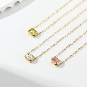 Geometric Square Cubic Zirconia Pendant 14K Gold Plated Stainless Steel Zircon Gem Necklace for Women