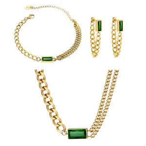 Trendy Emerald Zircon Three Piece Set Retro Small square Decorations Fashion Jewelry Set for Women 2025
