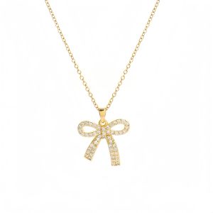 Sweet Simple Bow Pendant Zirconia Stainless Steel Necklace