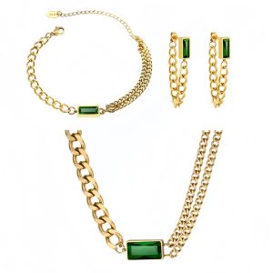 Women’s Square Emerald Zircon Necklace Earrings Ring Set